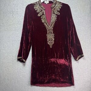 VTG Bella Tu Small Burgundy Velvet Tunic Top Embellish Bead Gothic Vampire India